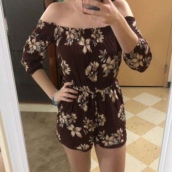 One Clothing Brown Floral Off the Shoulder Romper - Picture 1 of 7